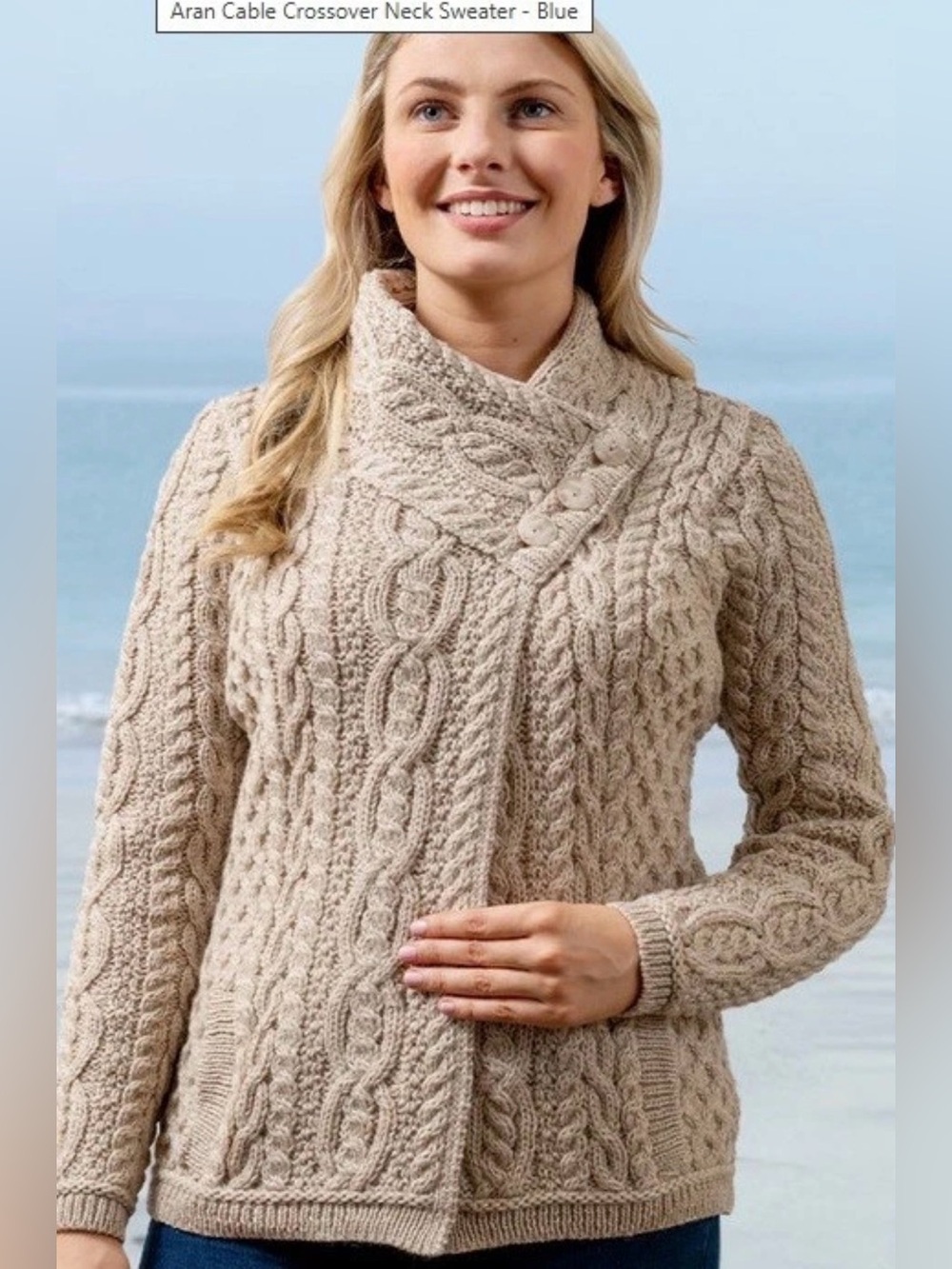Aran Mor Ireland Cable Knit Crossover Neck Sweater 100% Merino Wool Sz L